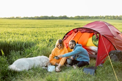 Two campers at safe campsite in forest - solo camping for two safety tips